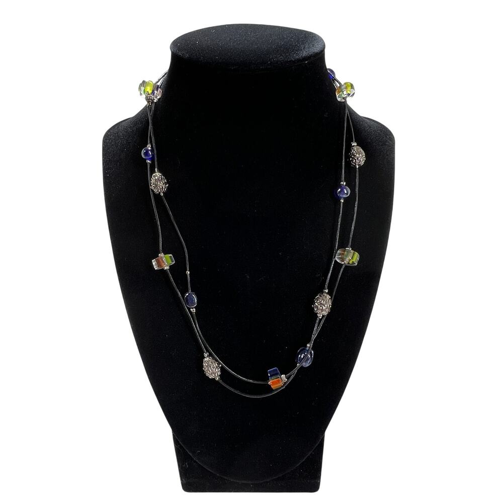 Multicolor Cube Bead Multi Strand Necklace Pink Purple Teal Green Statement